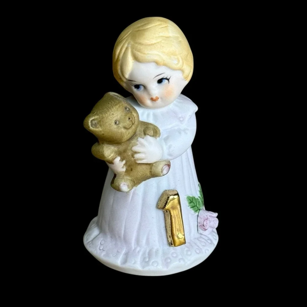 Growing‎ Up Girls First Birthday Enesco Blond Blue Dress Holding Teddy Bear 1981